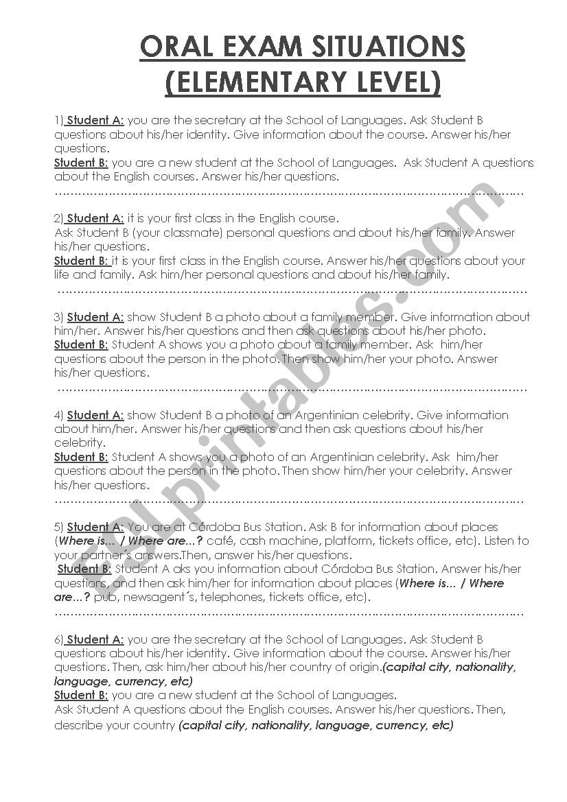 DIALOGUE SITUATIONS FOR ORAL EXAM - ELEMENTARY LEVEL