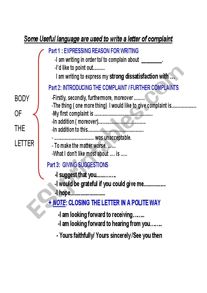 outline writing a letter of complaint