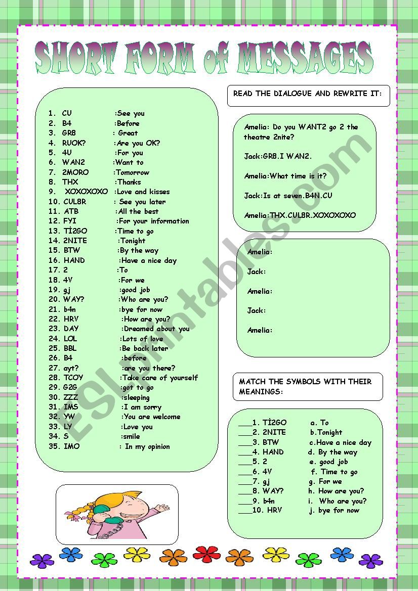 Short Form Of Messages worksheet