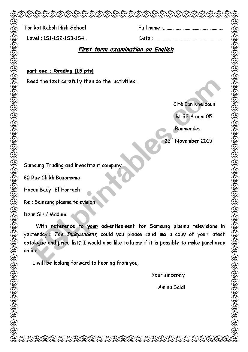 test for 1as about enquiry letter