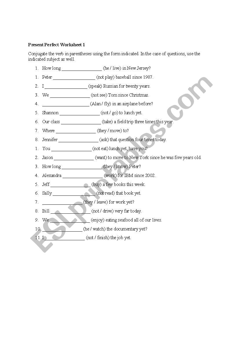 Present Perfect Worksheet worksheet