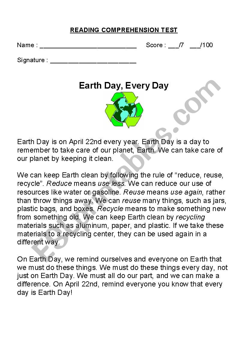 EARTH DAY, EVERY DAY worksheet