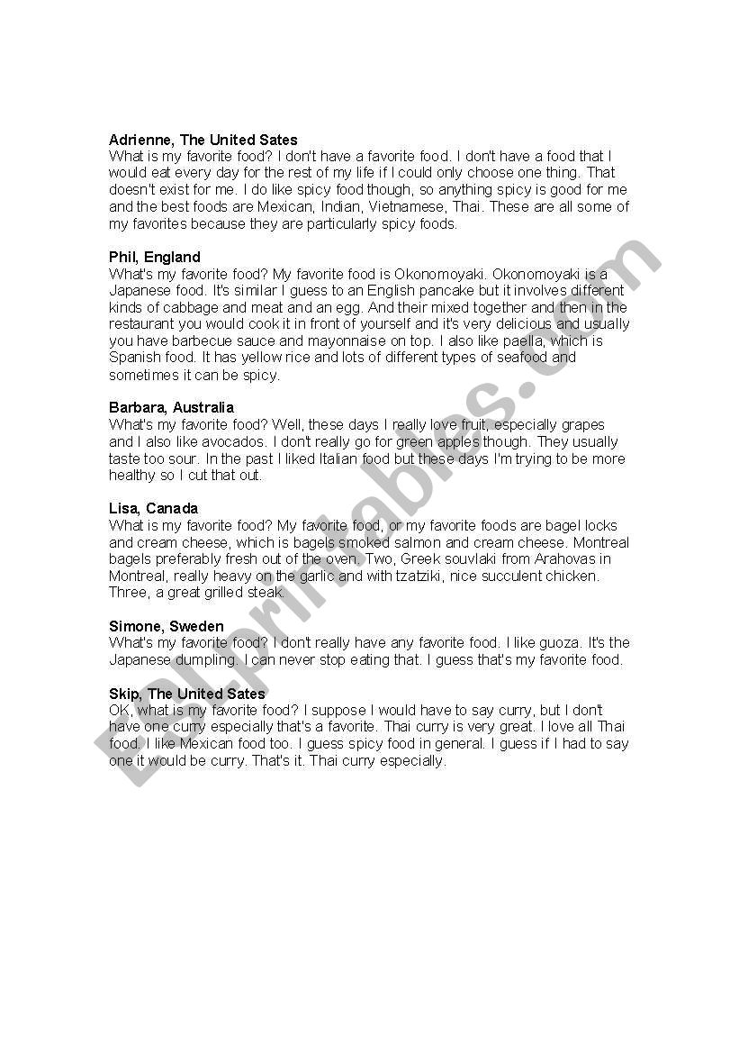 favourite food worksheet