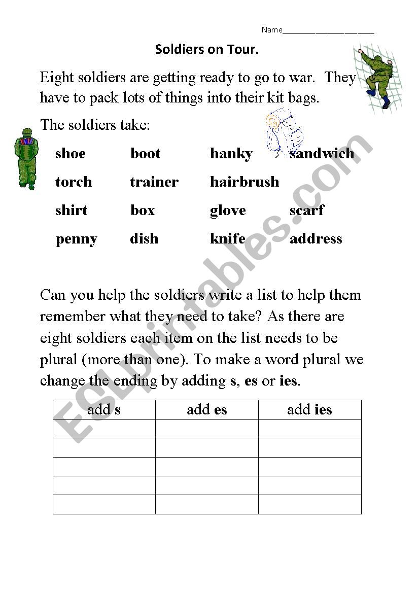 Soldiers adding s es ies worksheet