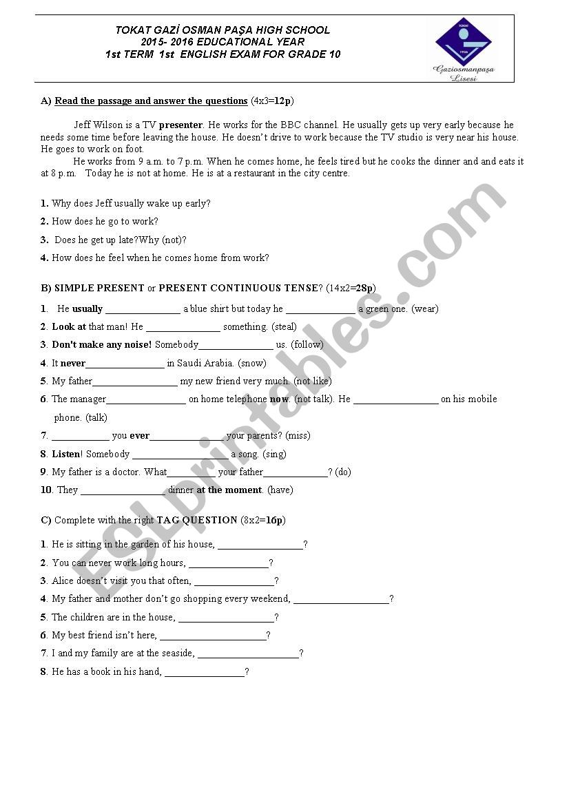 Examination For 10th Grade worksheet