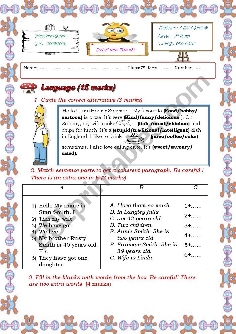 FULL TERM TEST 1 7th form worksheet