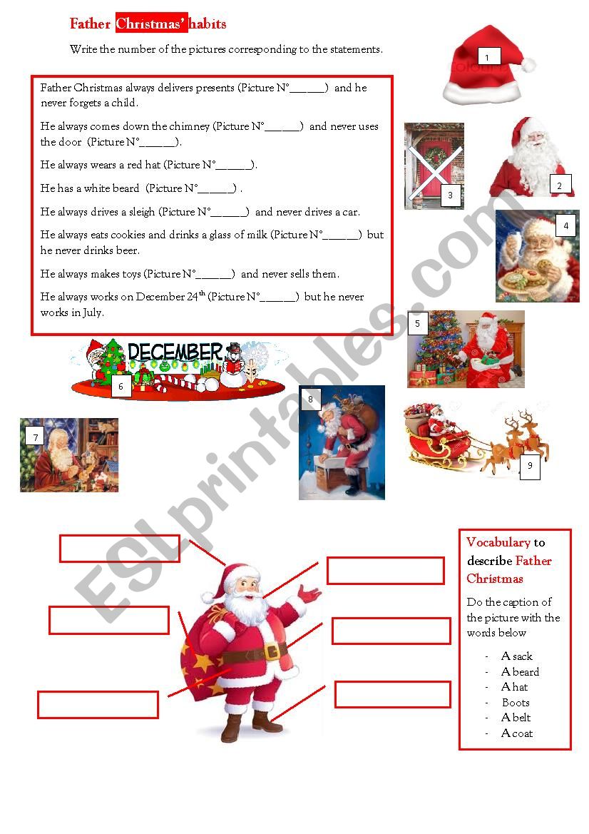 Father Christmas habits worksheet