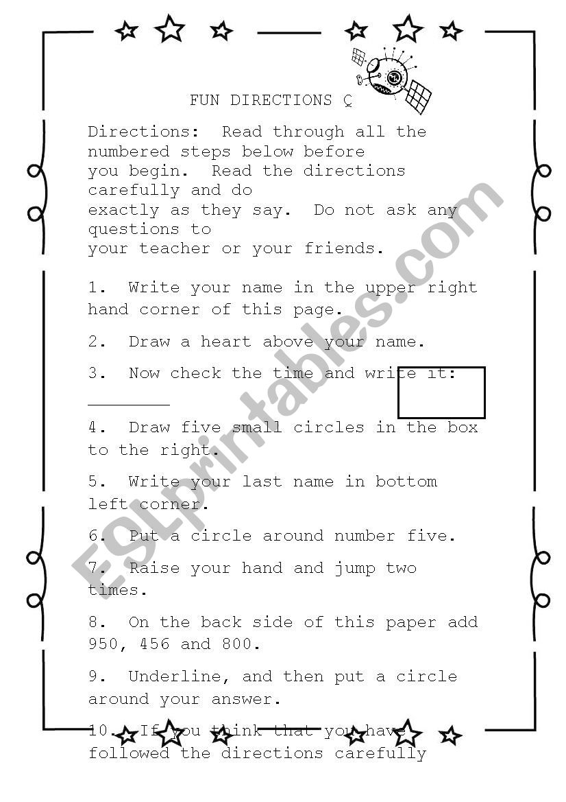 Directions Quiz  worksheet