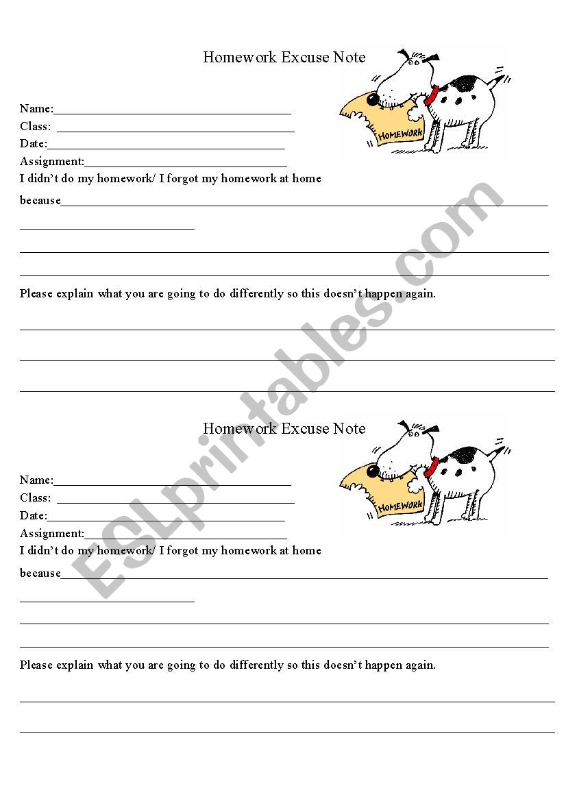 Homework Excuse note worksheet