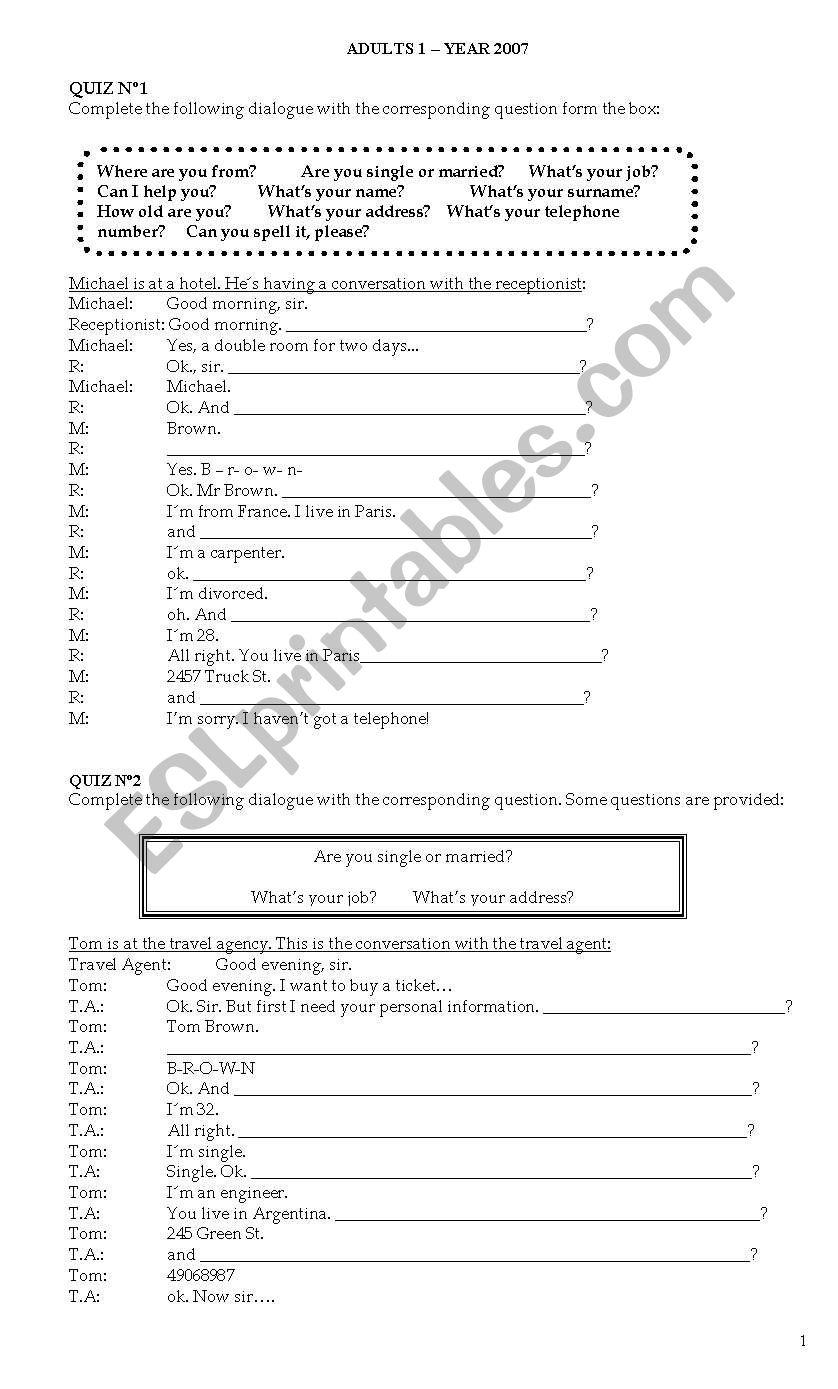 quiz for greeting worksheet