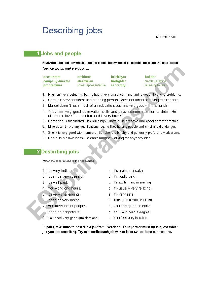 describing jobs  worksheet