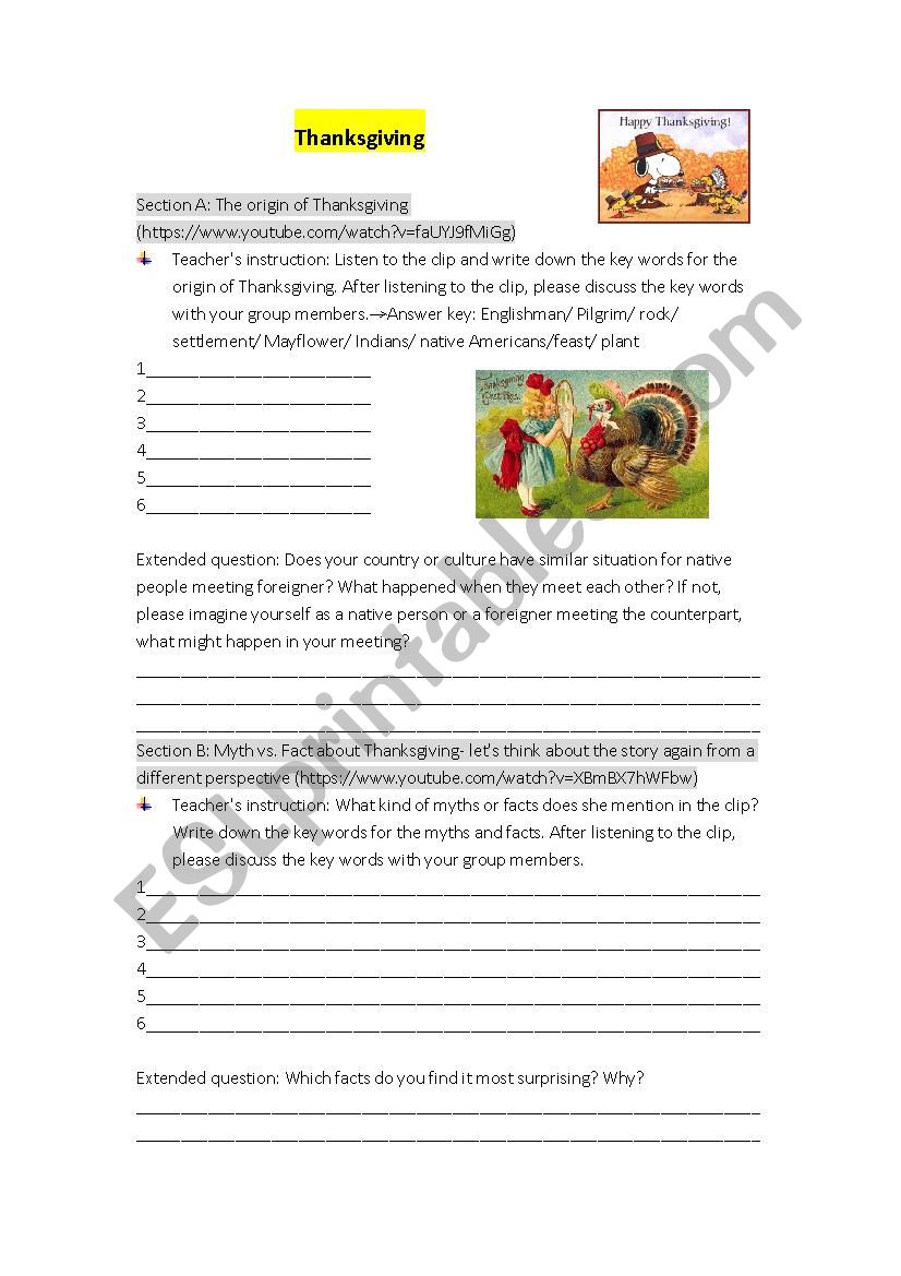 Thanksgiving-origin and myths worksheet