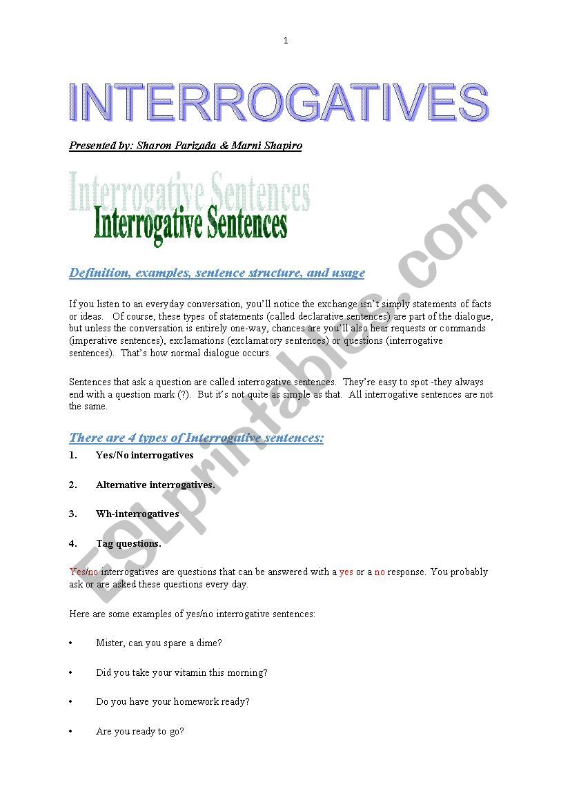 Interrogatives worksheet
