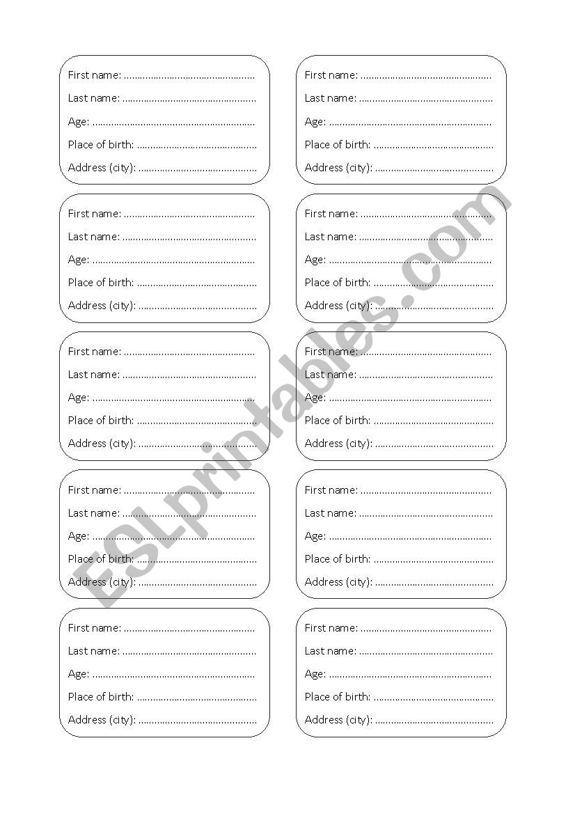 Identity cards worksheet