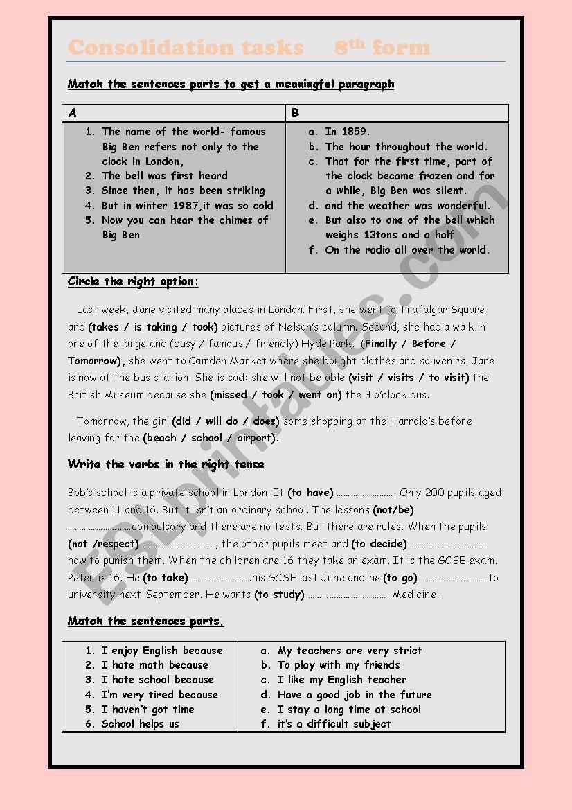 conslidation tasks for 8th form (module 1 and 2) 