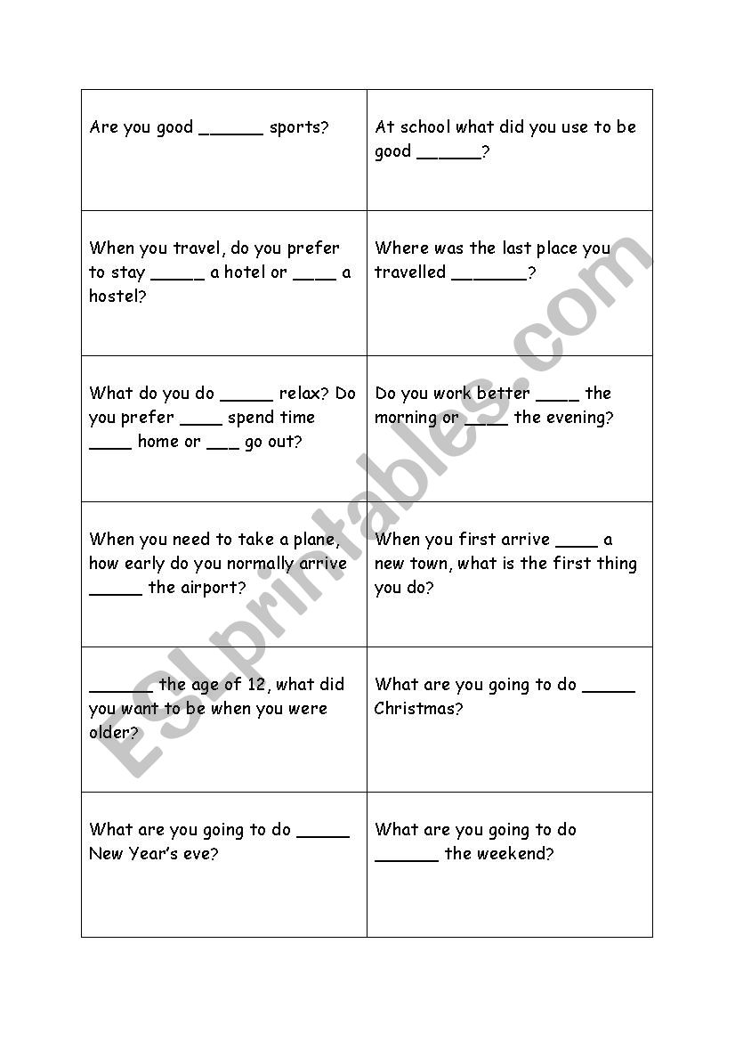 In At On To prepositions revision cards (speaking)
