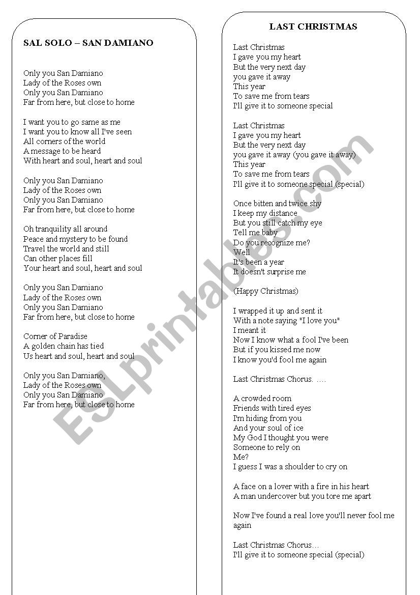 Christmas songs and carols worksheet