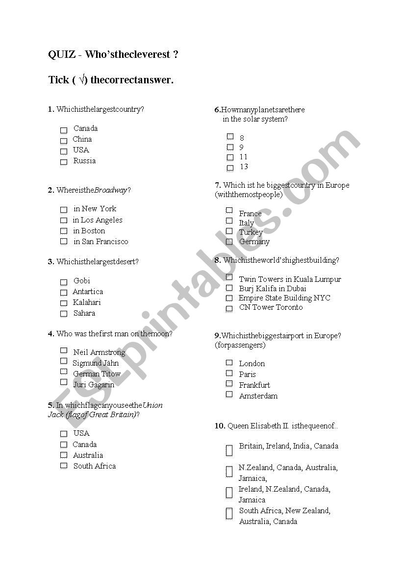 Adjective comparison Quiz worksheet