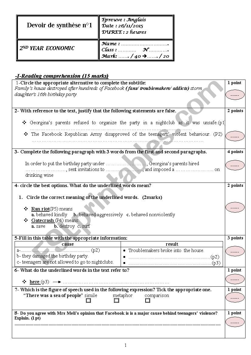 test worksheet