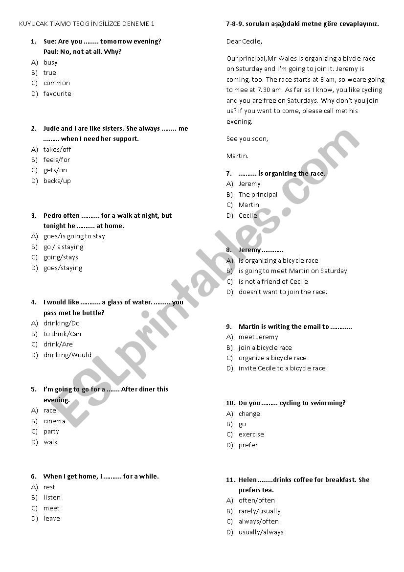 Revision test worksheet