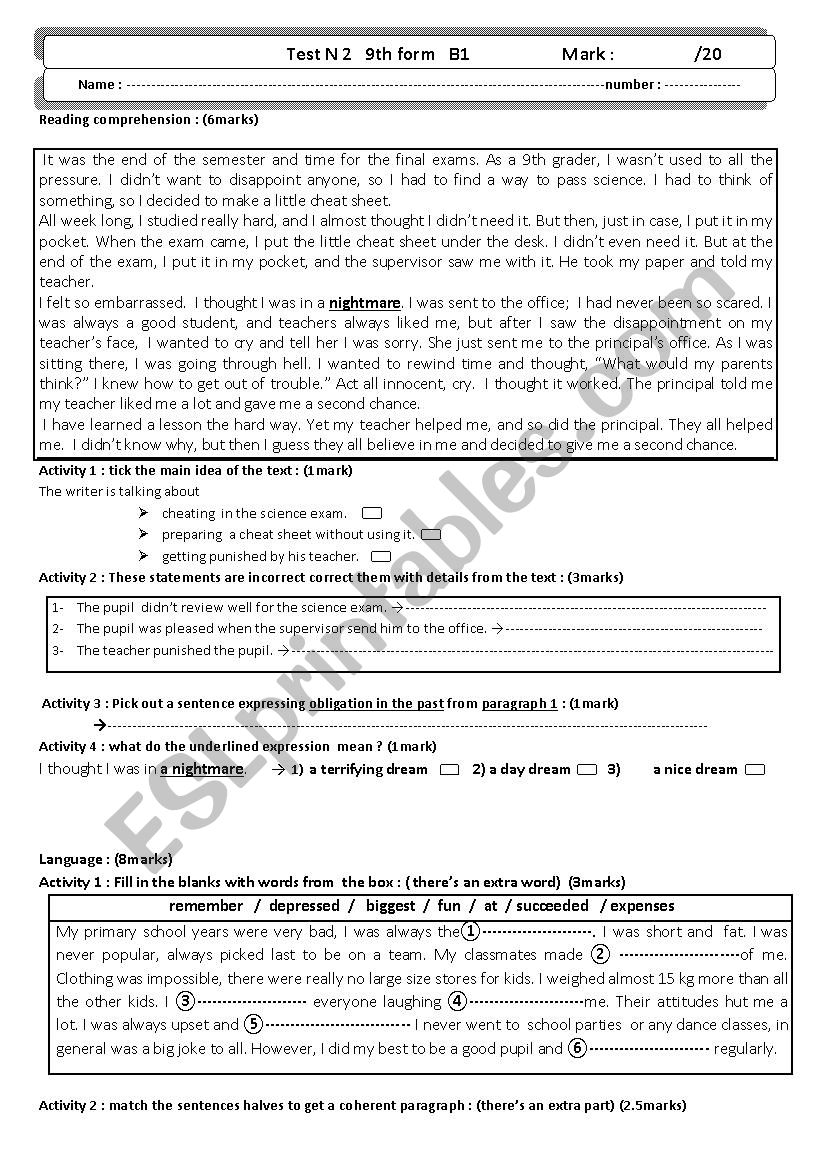 9th form test 2 tunisian pupils