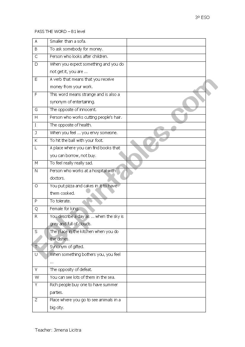 Pass the Word B1 level worksheet