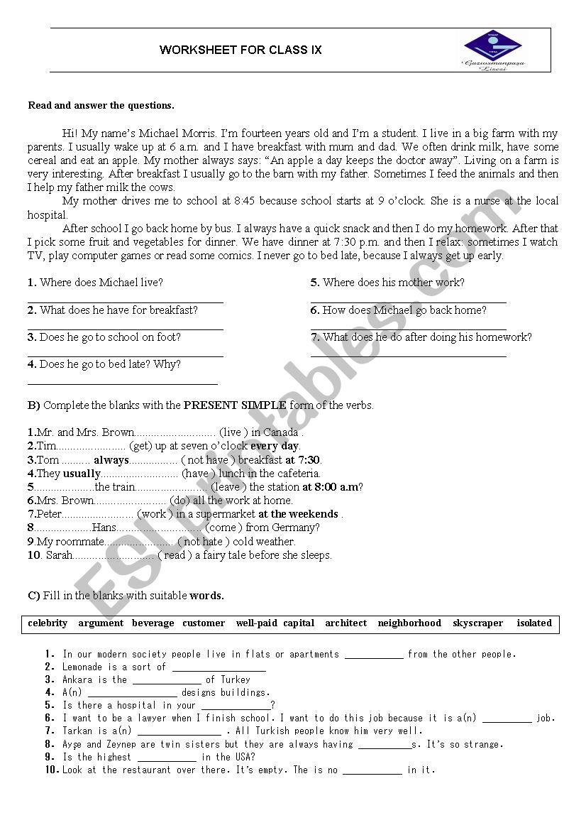 Worksheet 9th Grade (A.2.1 Level)