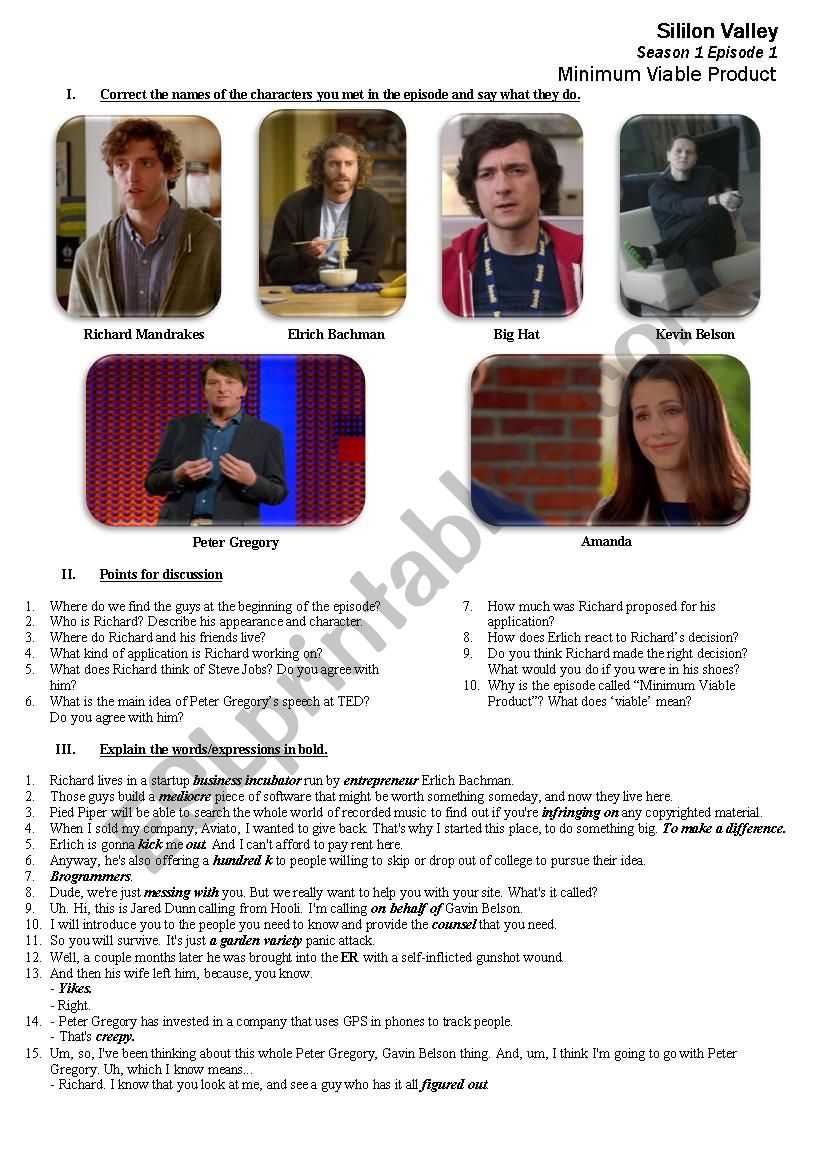 Silicon Valley. s1e1. Minimum Viable Product ESL worksheet by