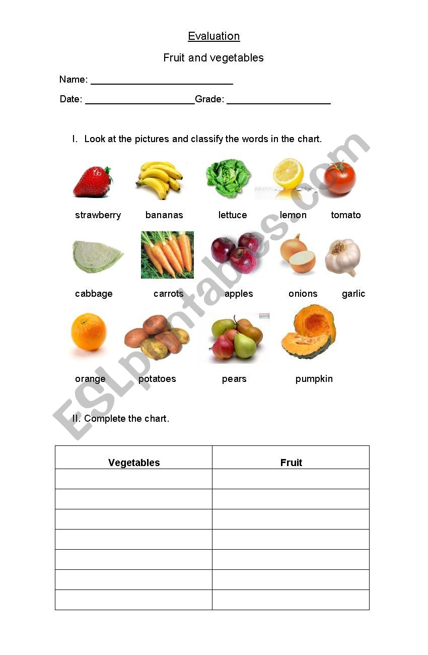 Fruits and vegetables worksheet