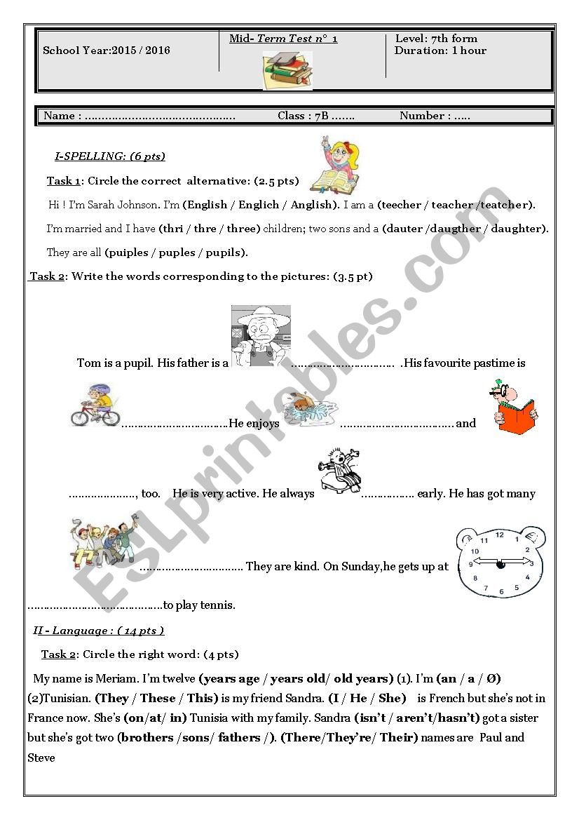 mid-term test 1  7th form worksheet