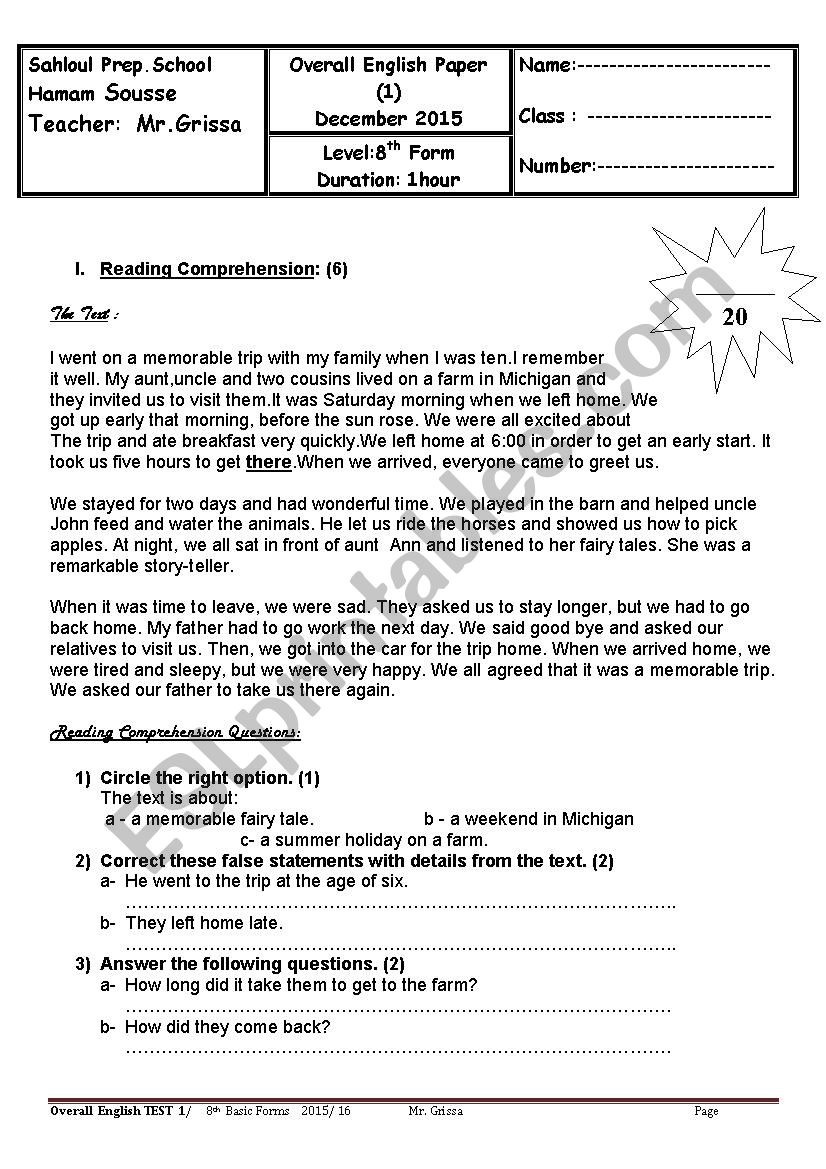 End-of-Term test 1 for 8th form