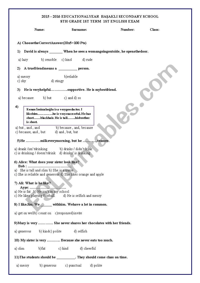 exam worksheet