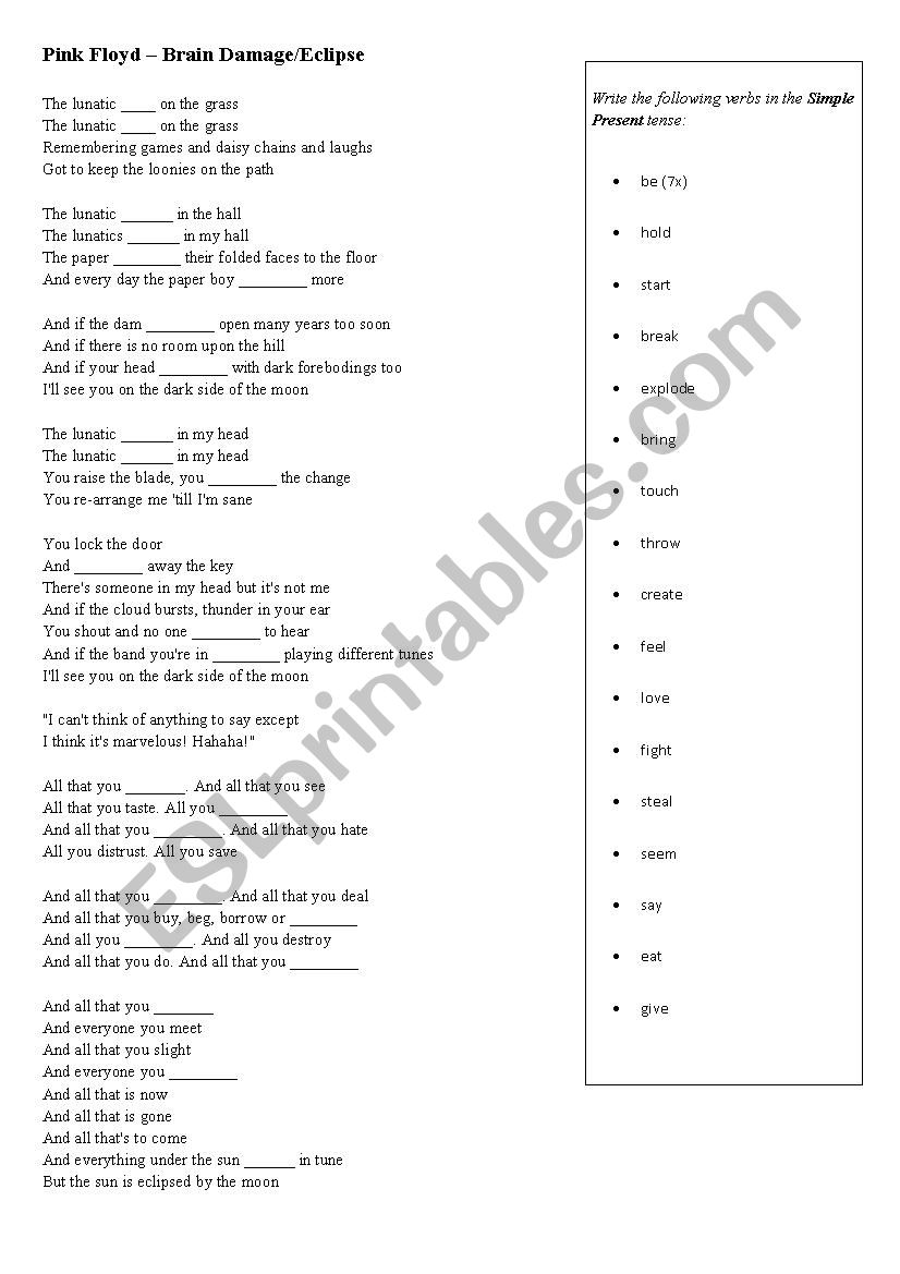 Pink Floyd - Simple Present worksheet