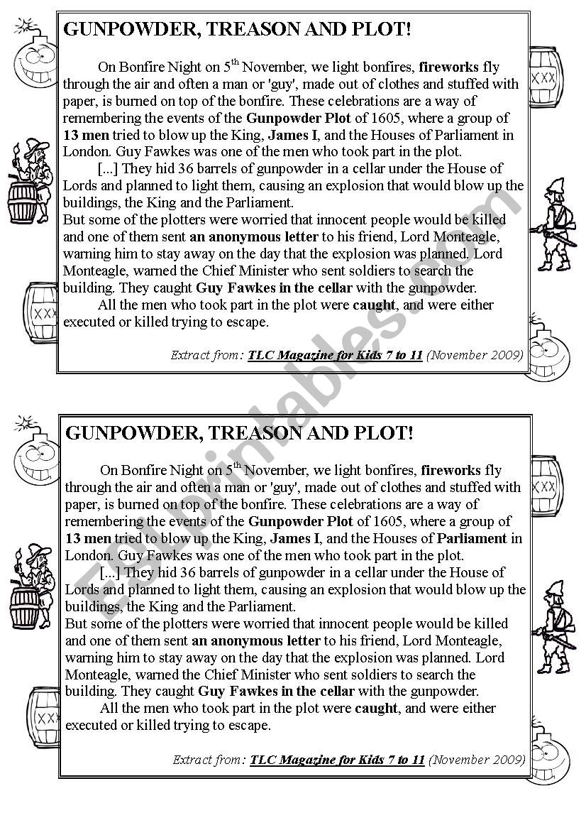 Text about Guy Fawkes Story worksheet