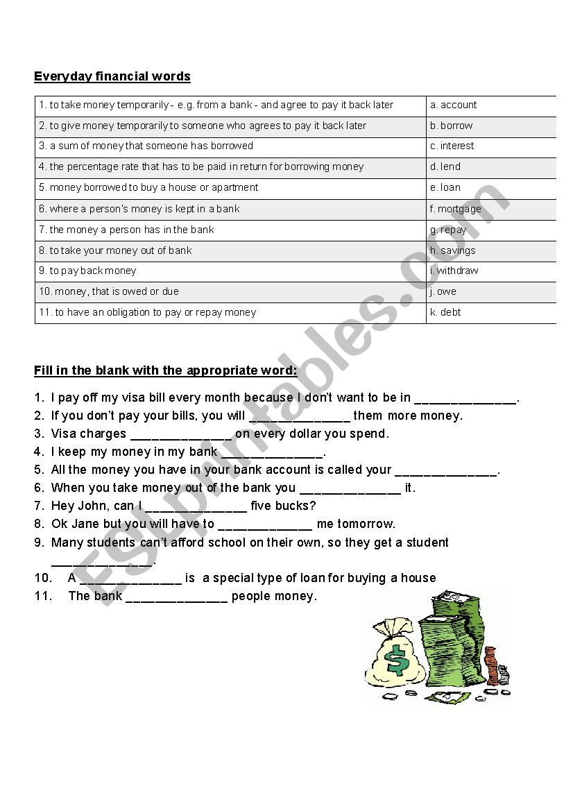 Money vocabulary worksheet