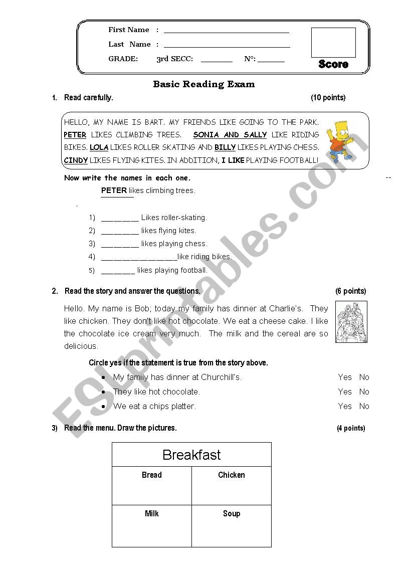 Basic Reading Exam worksheet