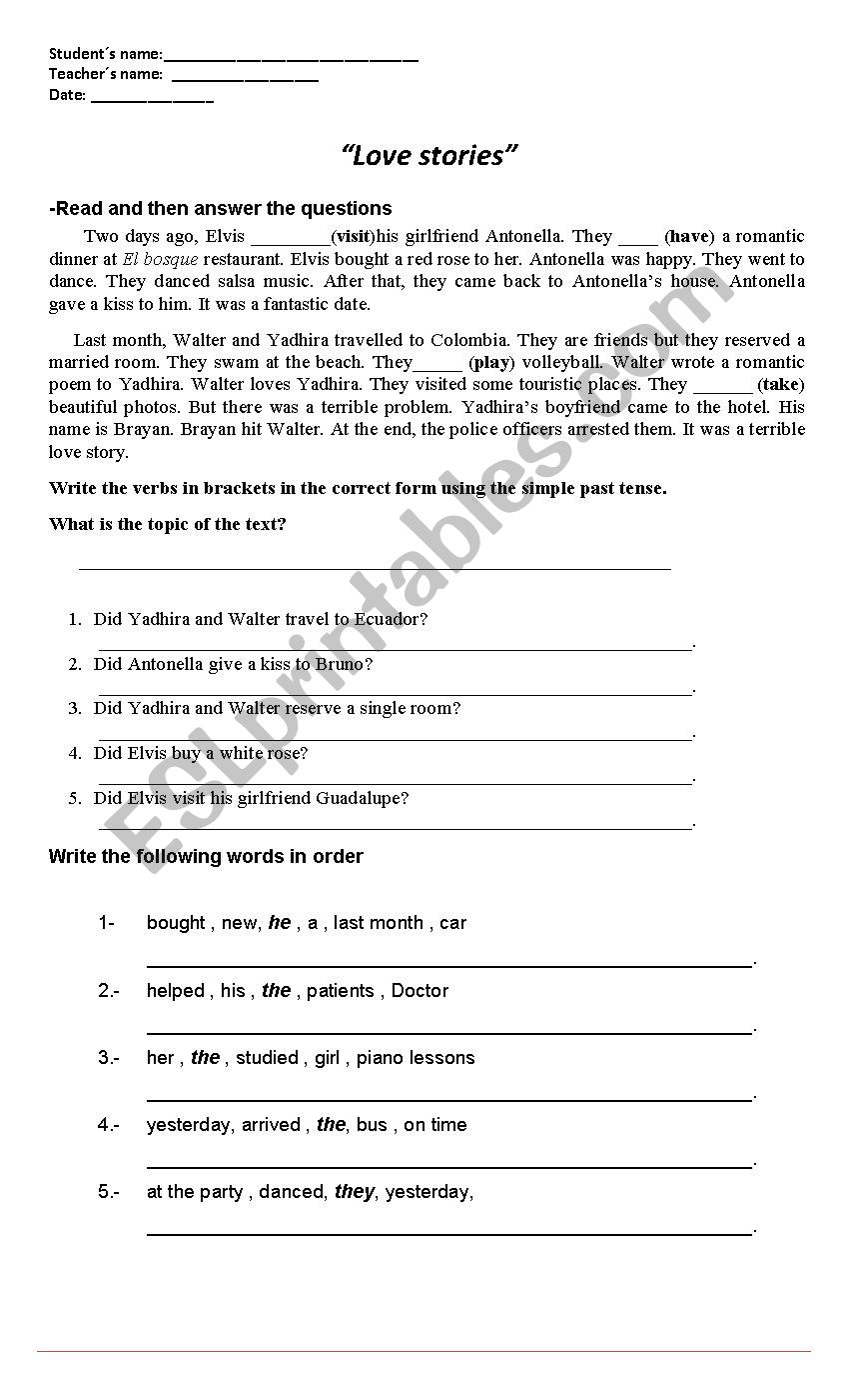 love stories worksheet