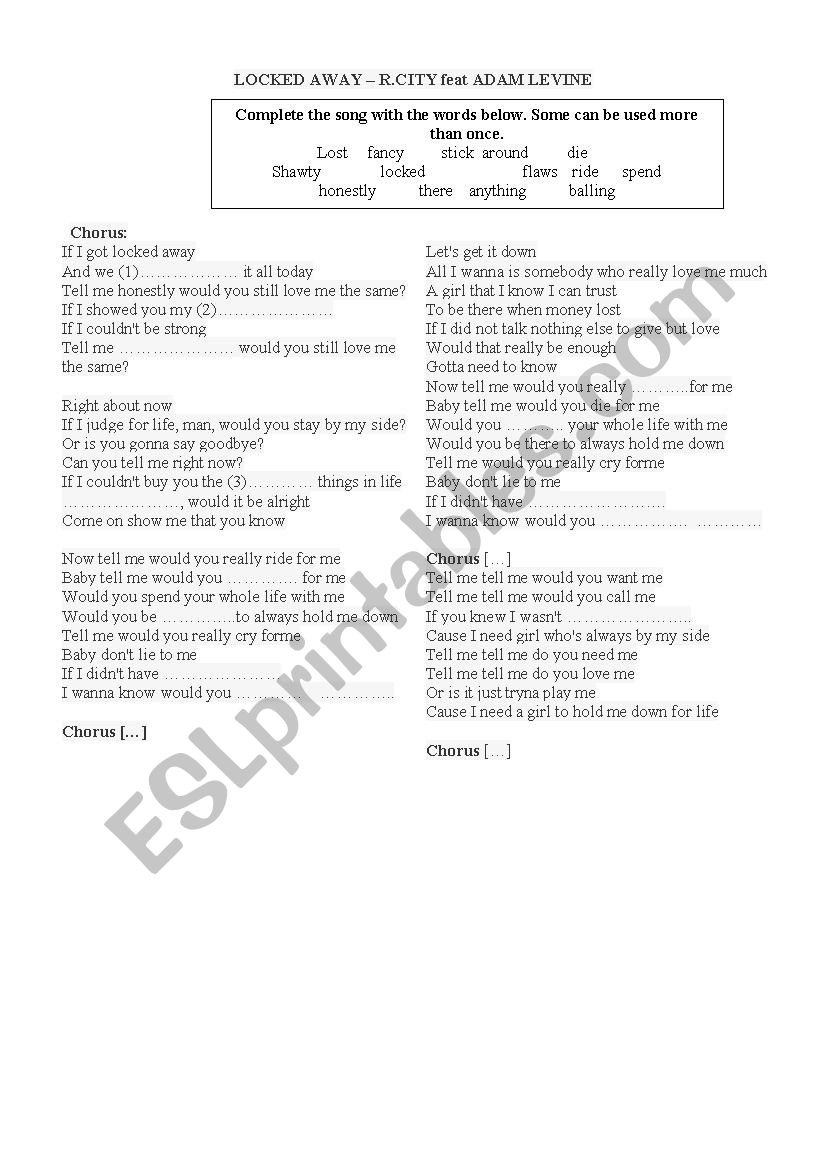 Song - Locked away worksheet