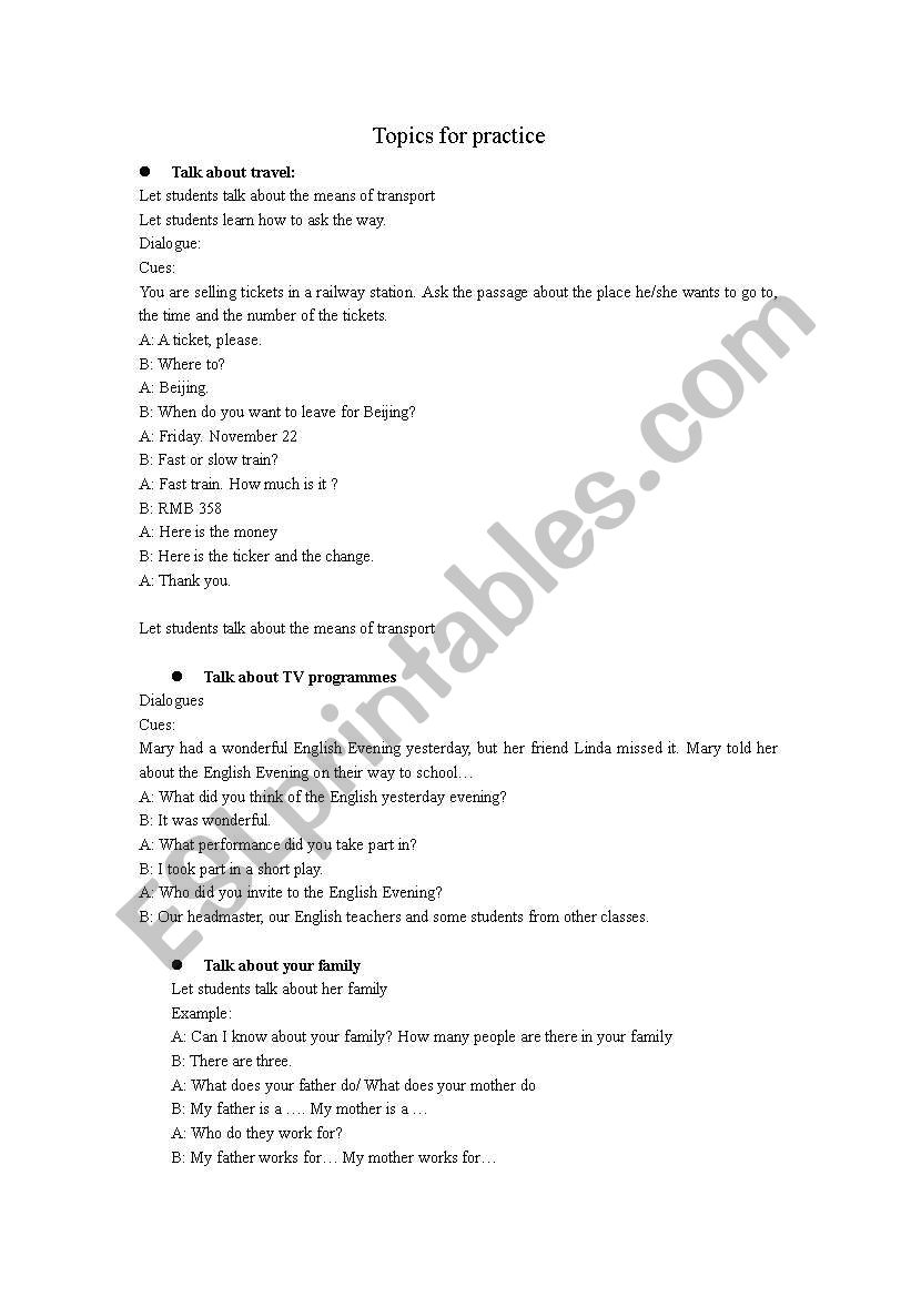 Topics for practice worksheet