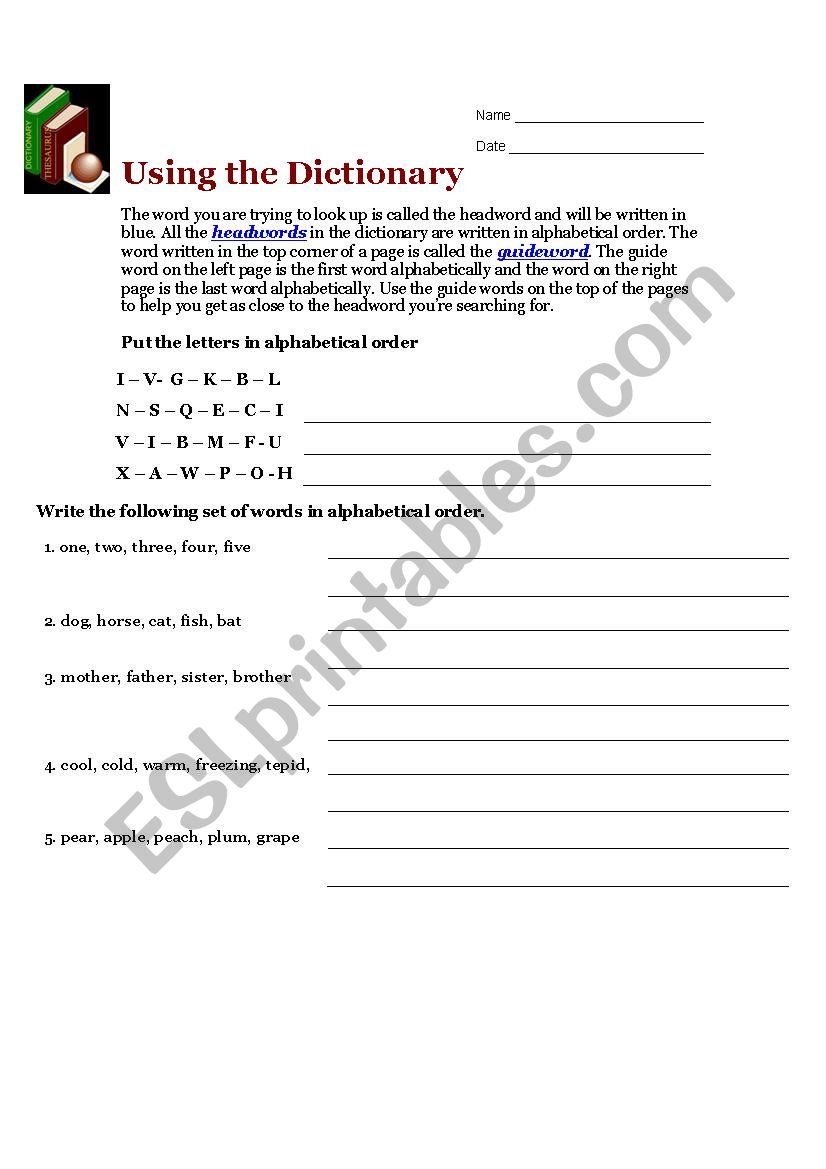 using a dictionary worksheet