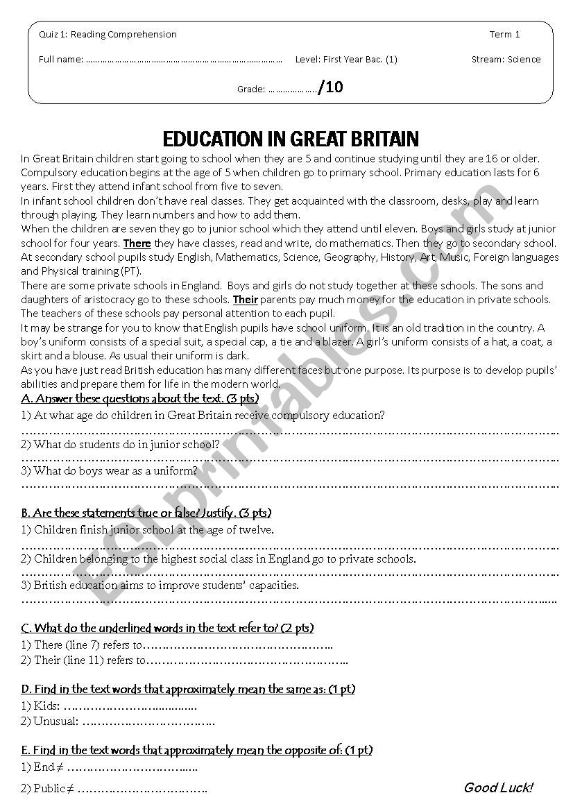 Reading Comprehansion Quiz worksheet