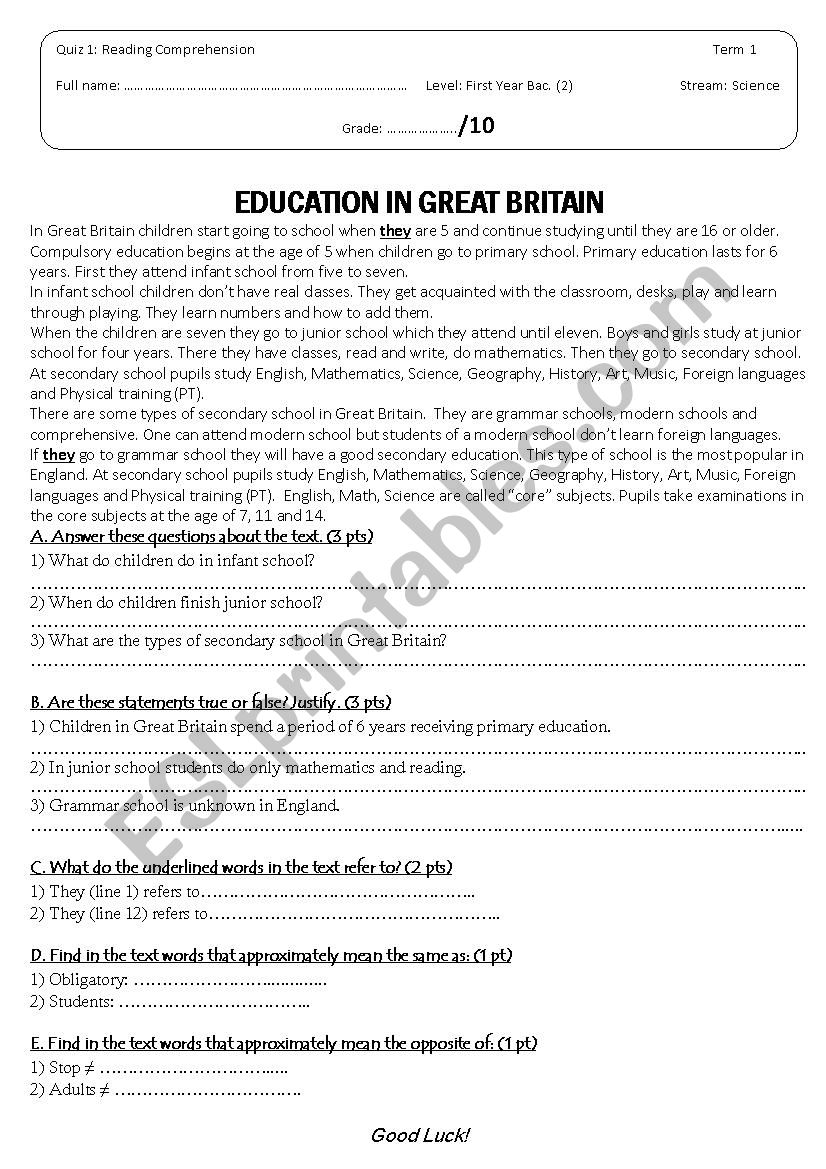 Reading Comprehension Quiz worksheet