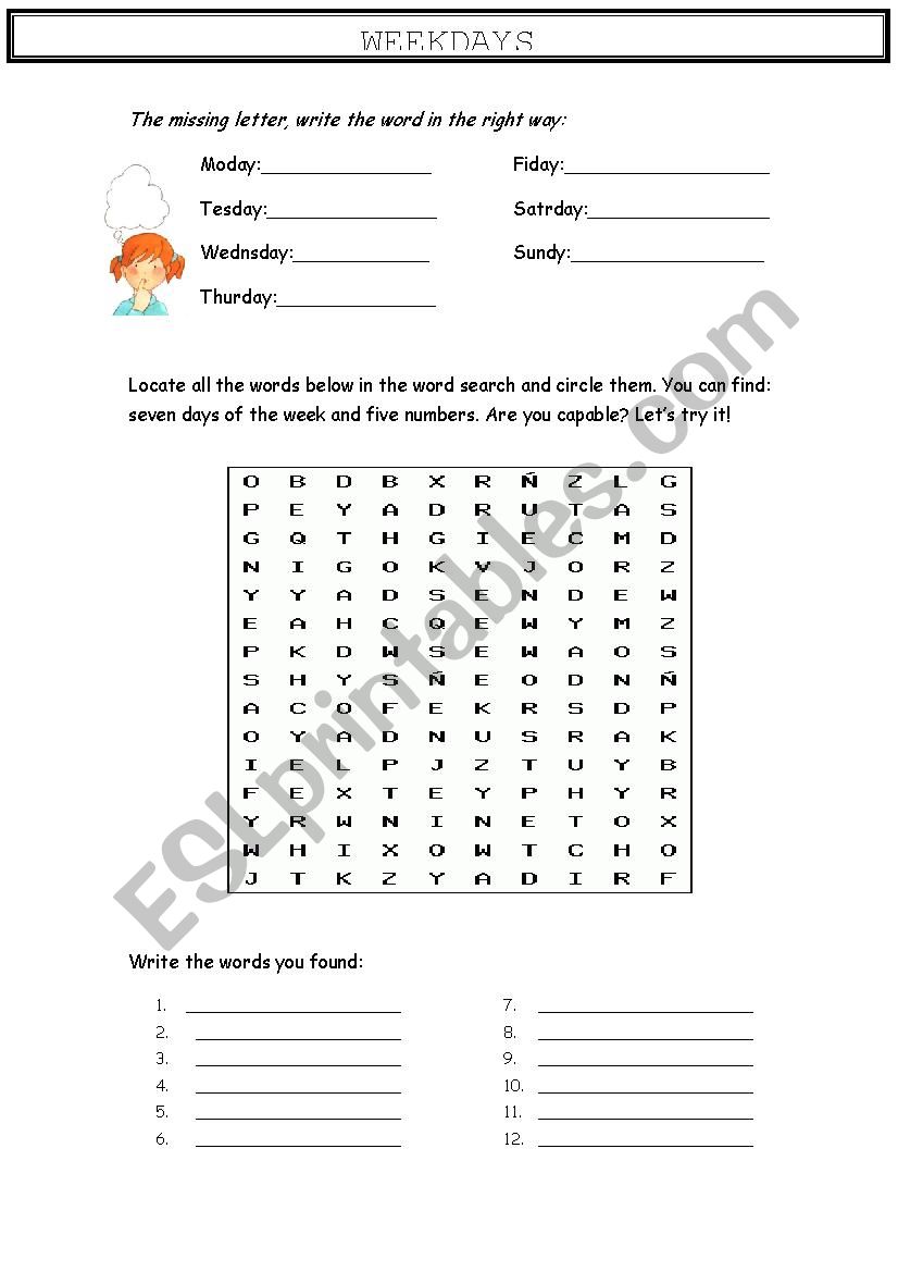 Weekdays worksheet worksheet