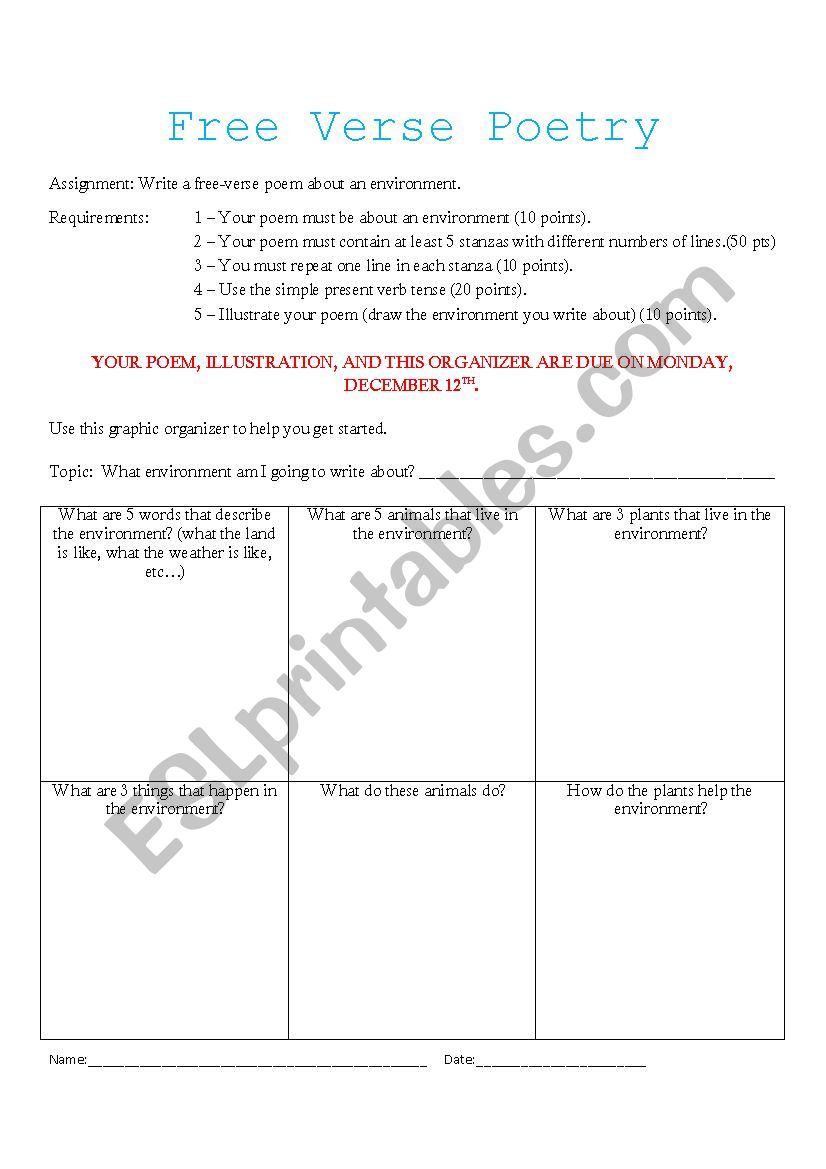 free verse poetry worksheet