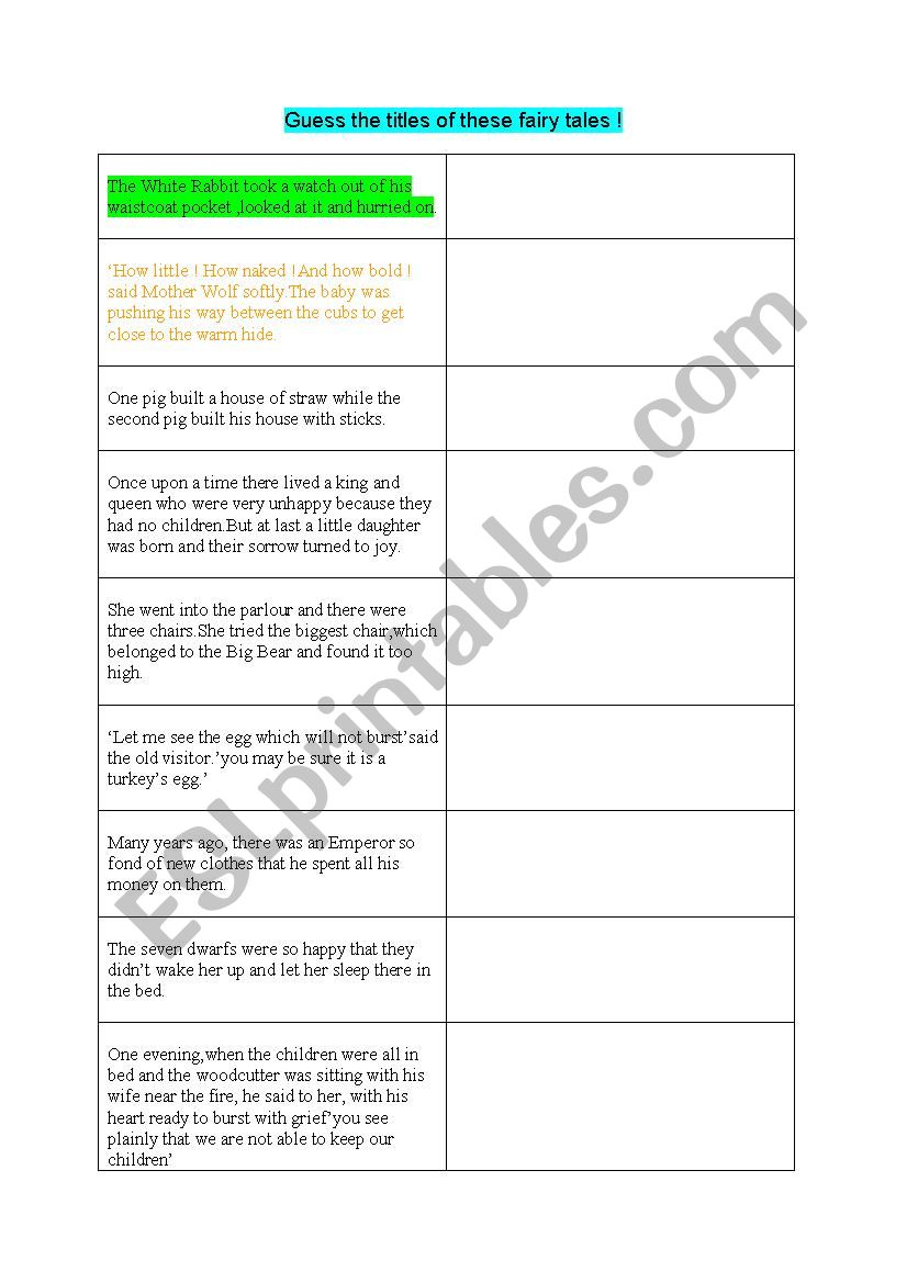 fairy tales worksheet