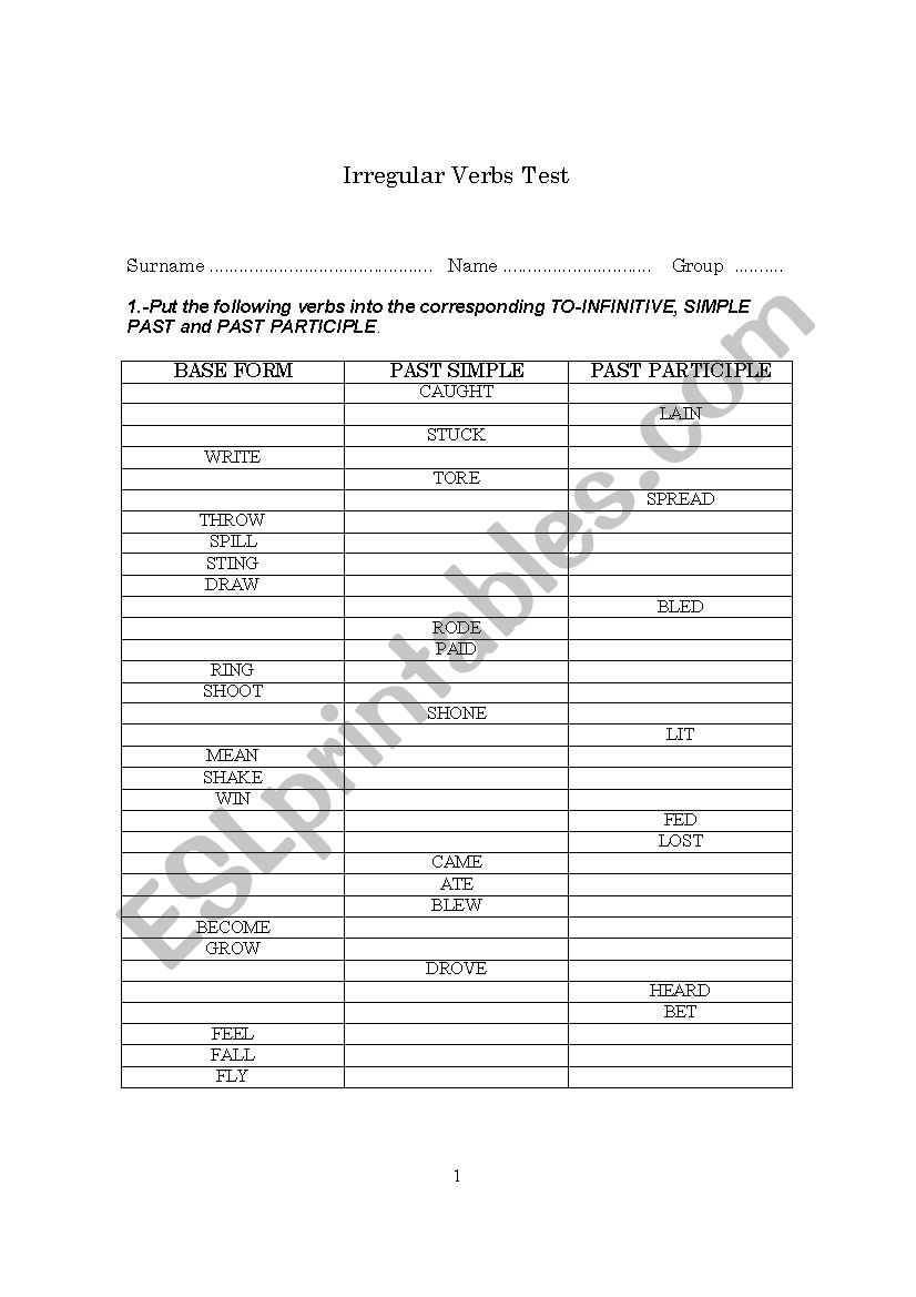 Irregular Verbs in English worksheet