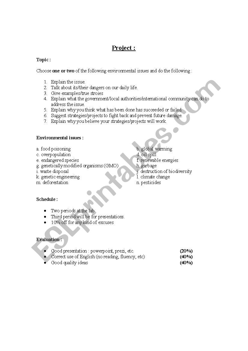 environment project worksheet