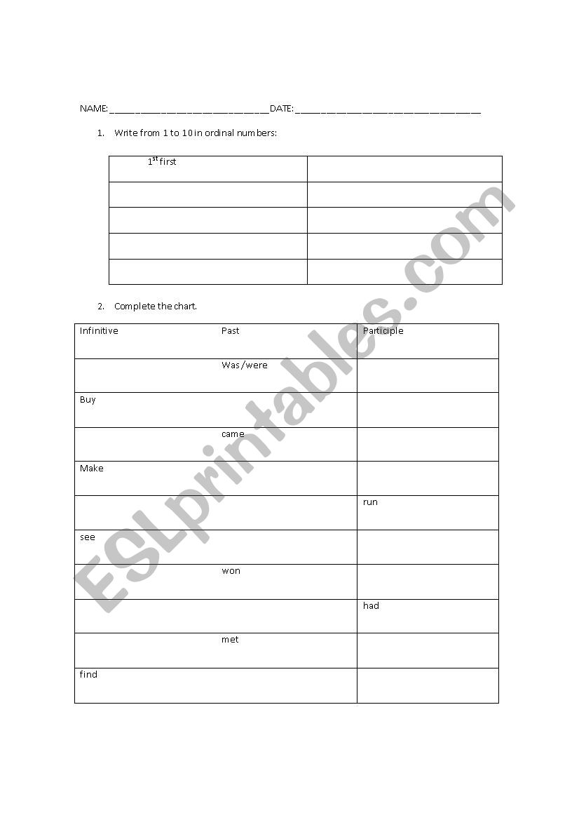 Verbs and ordinal numbers worksheet