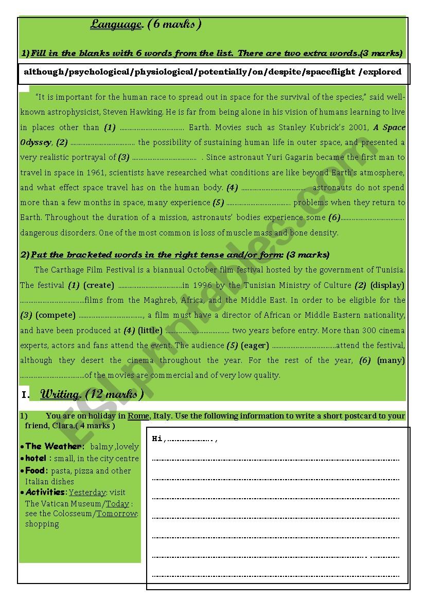 End-of-Term Test 1 4th Form Tunisian students (Part2)