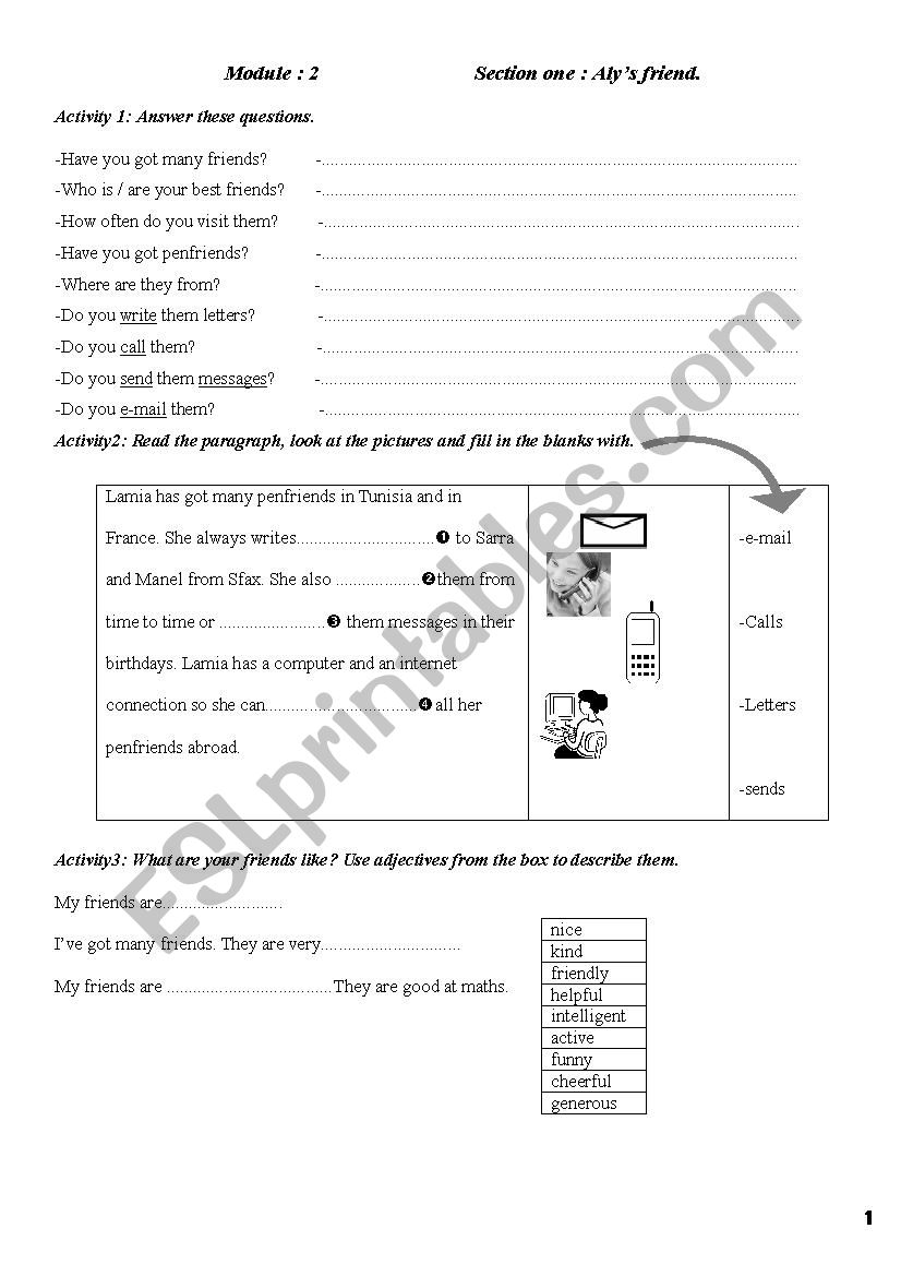 Alys friend worksheet